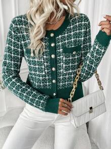 SHEIN LUNE 女士纽扣式长袖格子修身优雅开衫