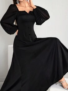 Modelyn Women's Notched Neck Long Sleeve Elegant Charming Arabian Modest Dress Long Evening Dresses - Black - View 5