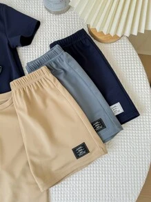Conjunto de 3 piezas de ropa de verano para niño pequeño, con camiseta de cuello redondo con decoración metálica y pantalones cortos de 2 piezas en un estilo casual cómodo y atractivo, adecuado para juegos al aire libre, fotografía callejera, fiestas y tiempo libre