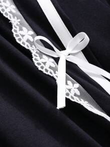 DAZY Long Sleeve T-Shirt With Crew Neck, Lace Panel, White Trim And Bow Accent,Fall Women Clothes