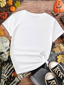 SHEIN LUNE Camiseta casual de algodón de manga corta y cuello redondo con texto dorado falso y gráficos de pequeños fantasmas para Halloween a juego en familia