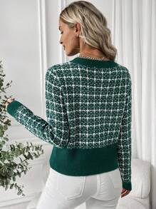 SHEIN LUNE 女士纽扣式长袖格子修身优雅开衫