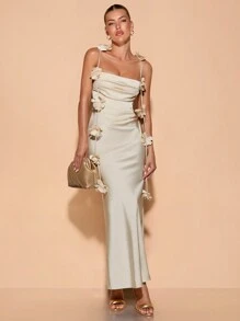 SHEIN BAE Women's Floral Spaghetti Strap Backless Dress Cocktail Party Wedding Evening Gown - Champagne - View 4