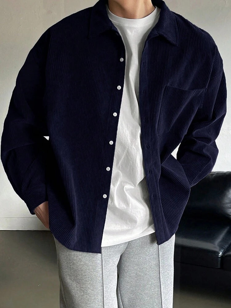 Men's Casual Solid Color Corduroy Shirt, Spring Autumn Long Sleeve Men Shirt