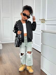Young Girl Casual Letter Graphic Zip Up Raglan Sleeve Sweatshirt - Black - View 6