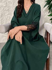 Al Najma Women's Elegant Floral Embroidered Batwing Sleeve Modest Arabian Dress, Spring Summer, Kaftan & Jalabiya - Dark Green - View 8