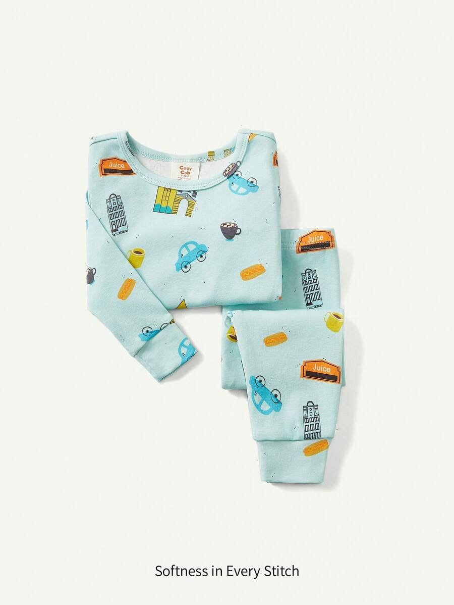 Cozy Pixies 2 件套卡通印花圆领长袖上衣和裤子贴身睡衣套装，适合男婴和女婴 - 綠色 - 查看 1