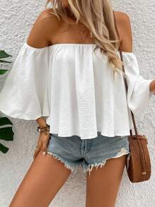 Breezaya 香檳色露肩優雅女士襯衫 - 白色 - 查看 5