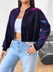 SHEIN EZwear Chaqueta de manga larga de corte cropped iridiscente para mujeres de talla grande