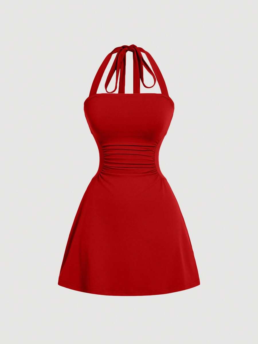 SHEIN MOD 女士 A 字形系带连衣裙 - 紅色 - 查看 1