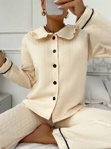 树叶印花绗缝翻领开衫和长裤套装