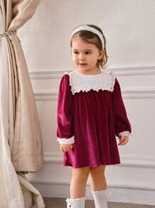 SHEIN 女宝宝春秋休闲拼色花朵刺绣连衣裙