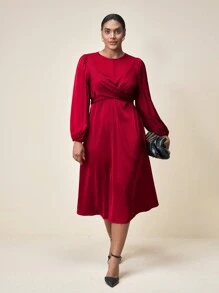 BizChic Đầm công sở thanh lịch thắt eo dệt trơn màu cỡ lớn - Đỏ - Xem 7