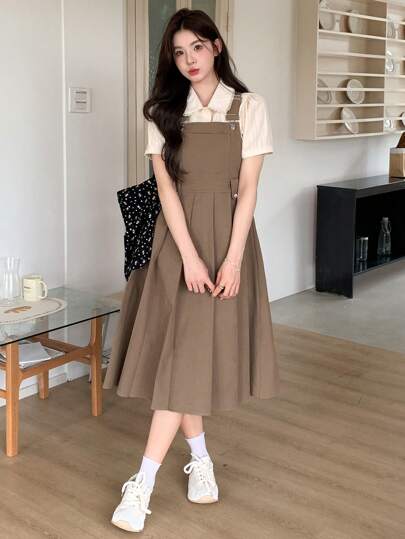 DAZY Women Summer Solid Color Pleated Loose Long Suspender Casual Dress Sundress,Back To School Clothes