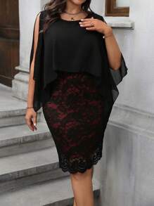 SHEIN Clasi Robe élégante à encolure ronde de couleur unie noire avec empiècement en dentelle et ourlet à volant, grande taille