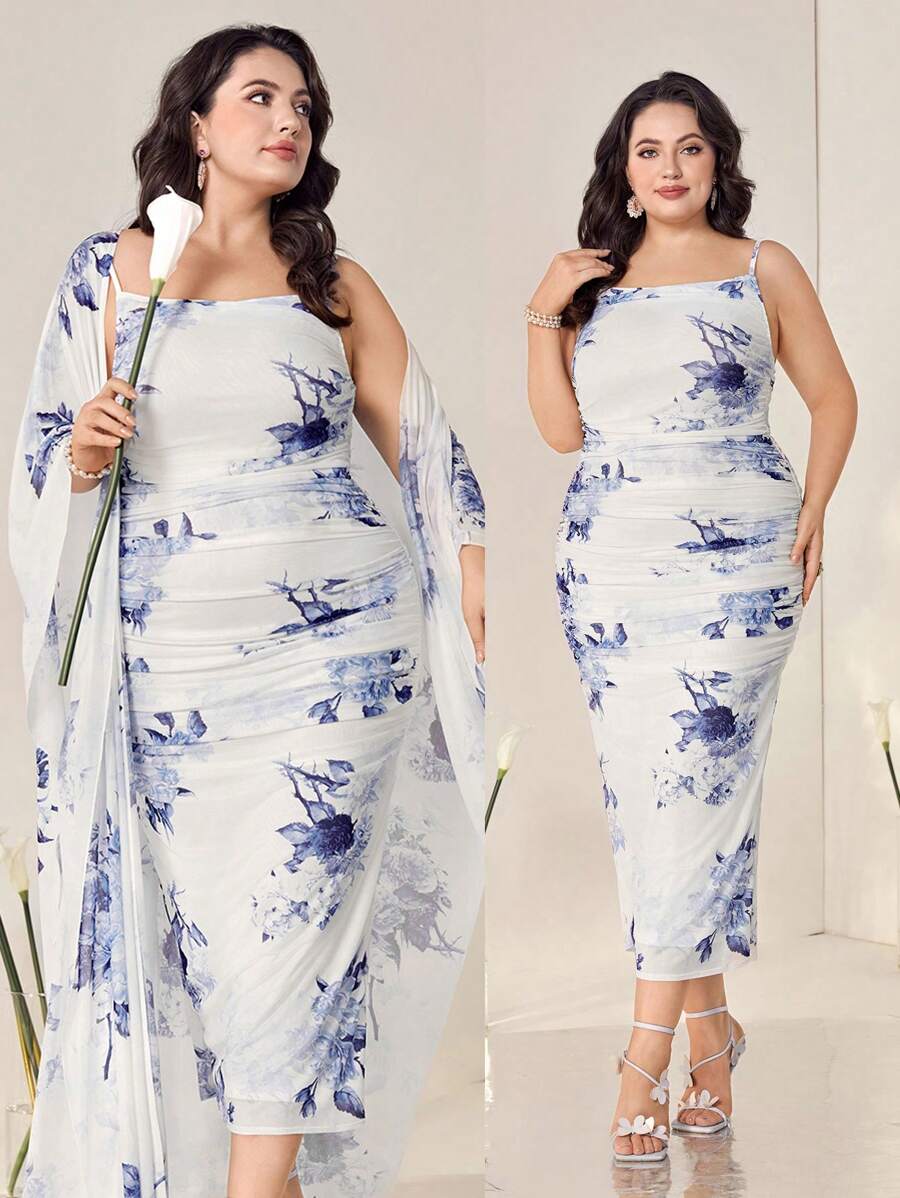 Modelyn Plus Floral Print Cami Dress & Open Front Coat - Blue and White - View 1