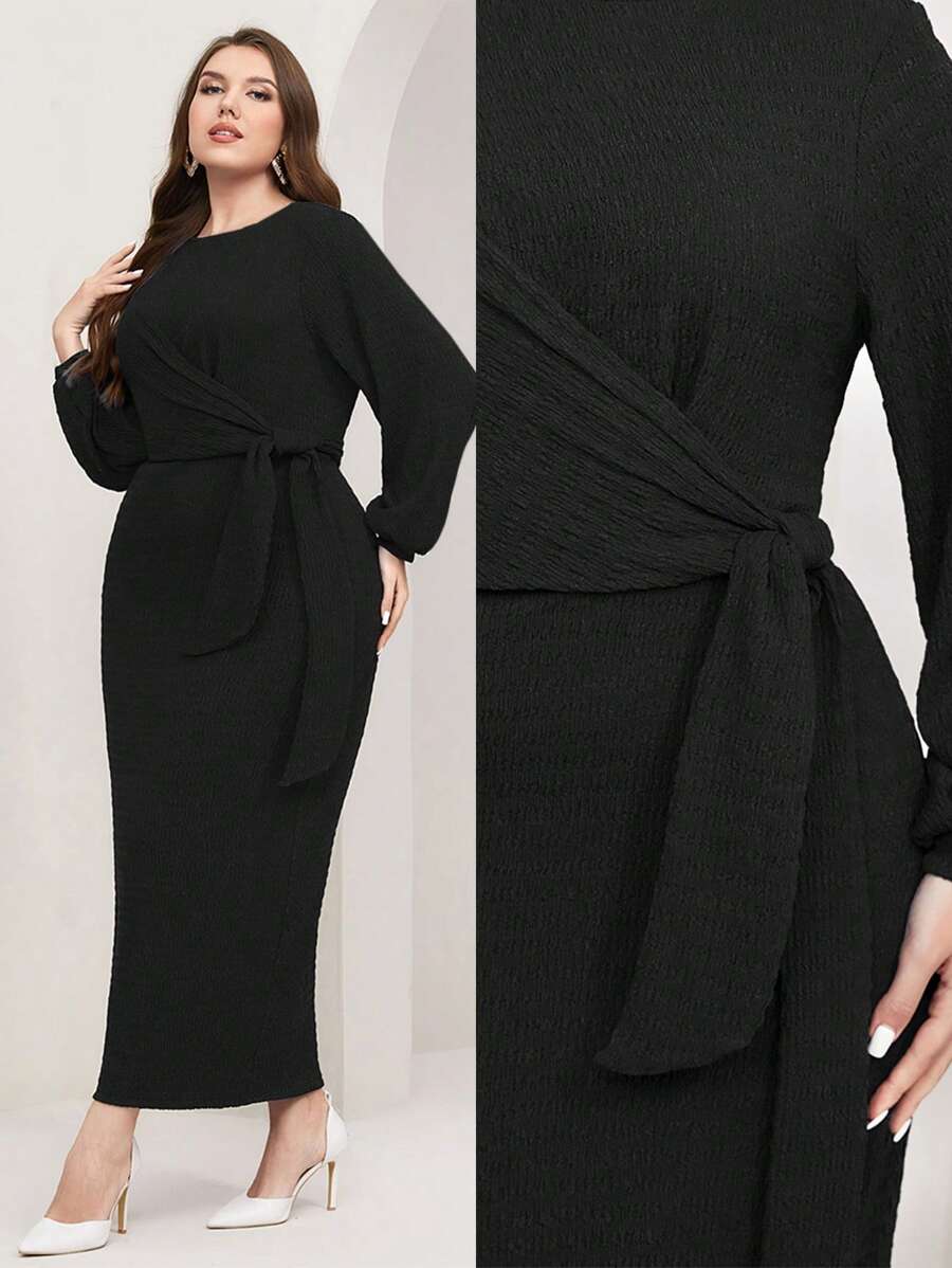 Modelyn Plus Lantern Sleeve Belted Bodycon Dress Long Evening Dresses - Black - View 1