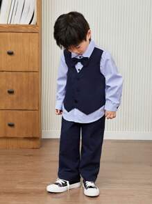 SHEIN 2 件套年轻男孩多件套正装 - 包括条纹撞色领衬衫、撞色领结和纯色裤子，适合上学、度假、婚礼、生日派对、秋冬季 - 藍色 - 查看 6