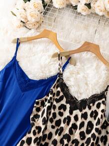 SHEIN Clasi 大码纯色和豹纹蕾丝撞色无袖吊带背心