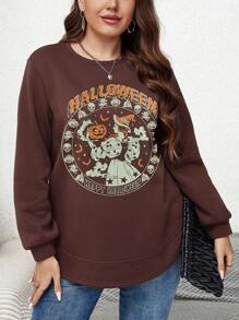 SHEIN LUNE Plus Size Letter & Cartoon Graphic Sweatshirt For Autumn & Winter Halloween Sweatshirt For Autumn & Winter Pumpkin Shirt Travel Outfit Airport