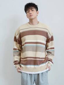 SHEIN TeenBoys 1pc 休闲、舒适、百搭学院风多色条纹拼接提花针织圆领宽松保暖毛衣返校；秋季服装；青少年男孩服装；青少年男孩夹克秋冬