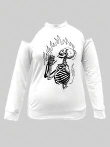 INAWLY Plus Size Crew Neck Long Sleeve Open Shoulder Ripped Skull Print T-Shirt, Casual Daily Wear - White - View 3