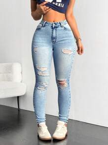 SHEIN EZwear Women's Casual Distressed Slim-Fit Denim Jeans