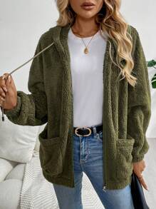 SHEIN LUNE Chaqueta con cremallera con capucha de forro polar verde del ejército para mujer, cálida y cómoda - Verde militar - Ver 1