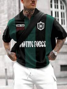 Aesthetic Post 男士大码休闲夏季字母条纹印花短袖宽松休闲 Polo 衫，外出 - 彩色 - 查看 3