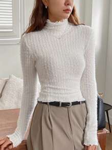 DAZY Women's Elegant High Neck Long Sleeve Fitted T-Shirt, Simple Tee