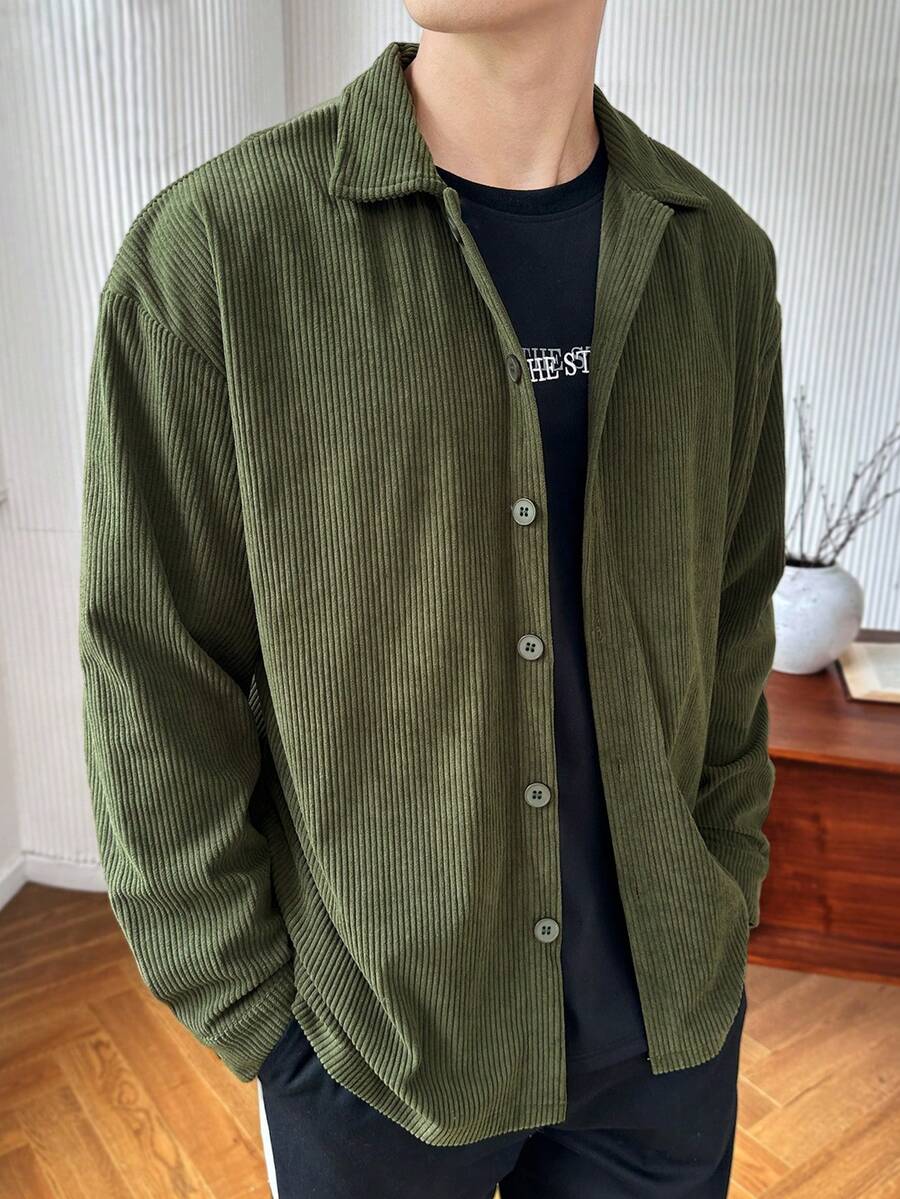 Claim Dot Men's Button-Down Long Sleeve Solid Color Casual Loose Daily Shirt - Green - View 1