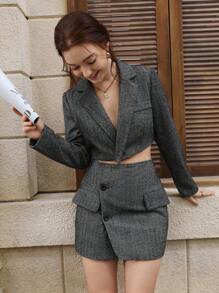 Femmeiva Fashionable Casual Collared Long Sleeve Short Blazer & High Waisted Asymmetric Hem Skirt Suit Set - Multicolor - View 5