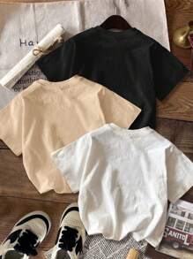 SHEIN EZwear 3 件套休闲简约美式复古英伦图案圆领短袖短款女式 T 恤，适合夏季 - 彩色 - 查看 2