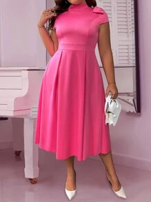 SHEIN Unity Plus Size Women's Solid Color Knit Stand Collar Dress With Bowknot On Shoulder And A-Line Silhouette Maxi Women Outfit