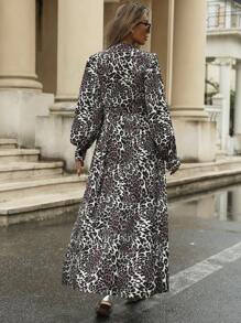 Aveloria Robe à manches lanternes avec nœud papillon et imprimé léopard pour femmes, automne et hiver - Multicolore - Voir 2