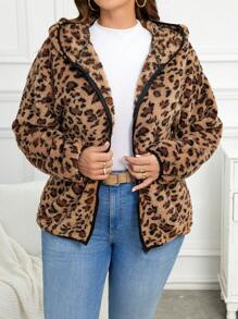 EMERY ROSE Plus Size Women's Leopard Print Reversible Fleece Hoodies Jacket, Autumn/Winter - Brown - View 4