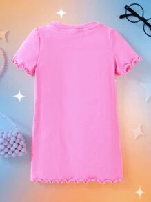 THE POWERPUFF GIRLS X SHEIN 女婴卡通图案粉色短袖生菜边 T 恤连衣裙，夏季 - 粉色 - 查看 2