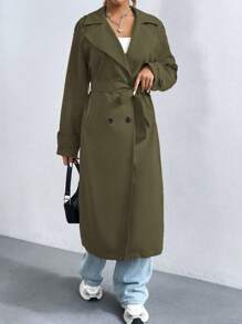 SHEIN Unity 女士春秋纯色翻领双排扣长袖休闲宽松长款风衣 - 軍綠色 - 查看 6
