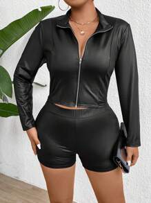 Allurite Set de 2 piese pentru femei, primăvară, vară, cu fermoar și pantaloni scurți - Negru - Vizualizare 1