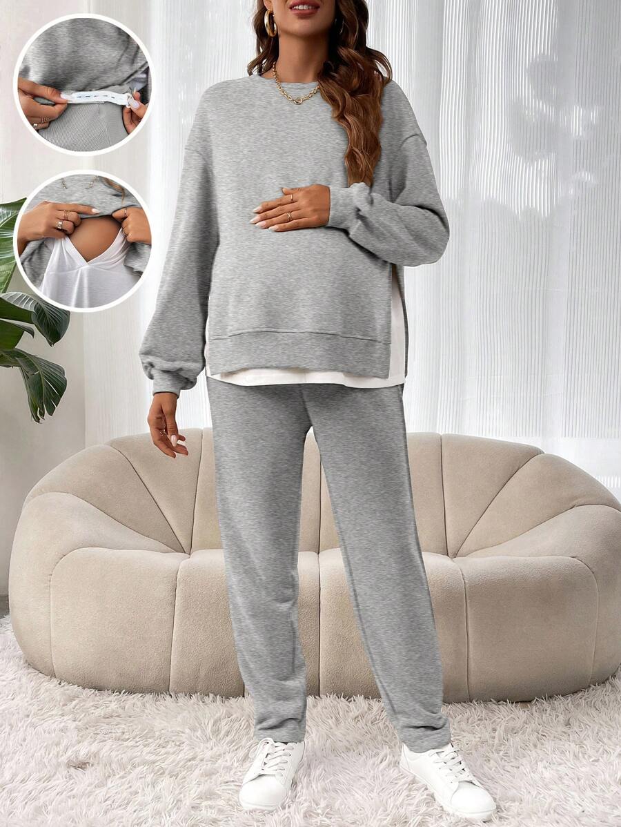 SHEIN 2 Pcs Maternity Casual Contrast Color Patchwork Long Sleeve Sweatshirt, And Pants Set - Light Grey - View 1