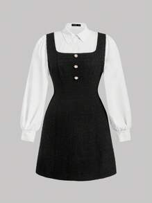 SHEIN MOD Plus Size Women's Elegant Colorblock Collared Long Sleeve Short Dress For Spring And Fall