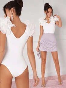 Enchnt Pring/Summer Romantic Women's  Exaggerated Ruffle Trim Bodysuit,For Valentine Day&Birthday&Holiday Party&Sweet Date Night&Prom&Daily - White - View 9