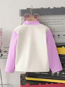 Girls Casual Pink & White Contrast Color Printed PU Leather Jacket, Autumn