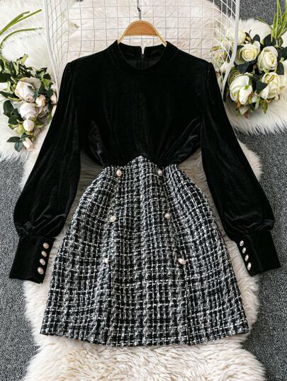 SHEIN Clasi 女式长袖纽扣格子下摆设计优雅粗花呢拼布连衣裙
