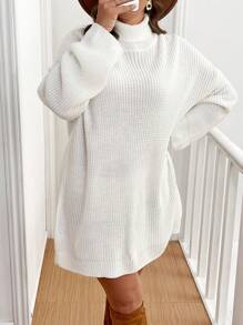 SHEIN Clasi 加大码高领落肩袖宽松纯白色毛衣连衣裙商务休闲女士工作服秋季婚礼宾客礼服，适合冬季 - 白色 - 查看 5
