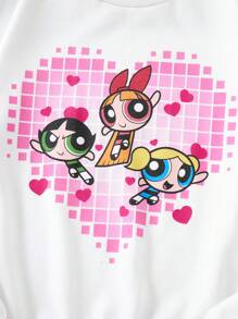 THE POWERPUFF GIRLS X SHEIN Sudadera oversized con estampado a cuadros blanco y rosa degradado y gráfico de dibujos animados para niña preadolescente - Blanco - Ver 9