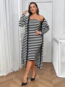 SHEIN Essnce 2 件大码黑白条纹长袖紧身中长连衣裙和夹克套装 - 黑與白 - 查看 3