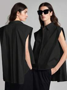 Ontre 2025 New Arrival Women's Black Sleeveless Shirt With Single-Breasted High Low Design, Minimalist Style For Spring, Valentine's Day - Black - View 8