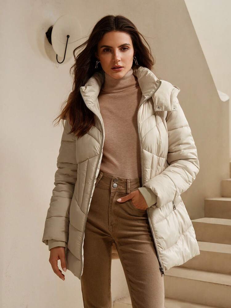 Women's Waist-Cinching Slim Fit Detachable Hood Apricot Jacket