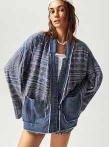 Bohemela Chaqueta suelta y casual de hombros caídos con tema vacacional para mujeres